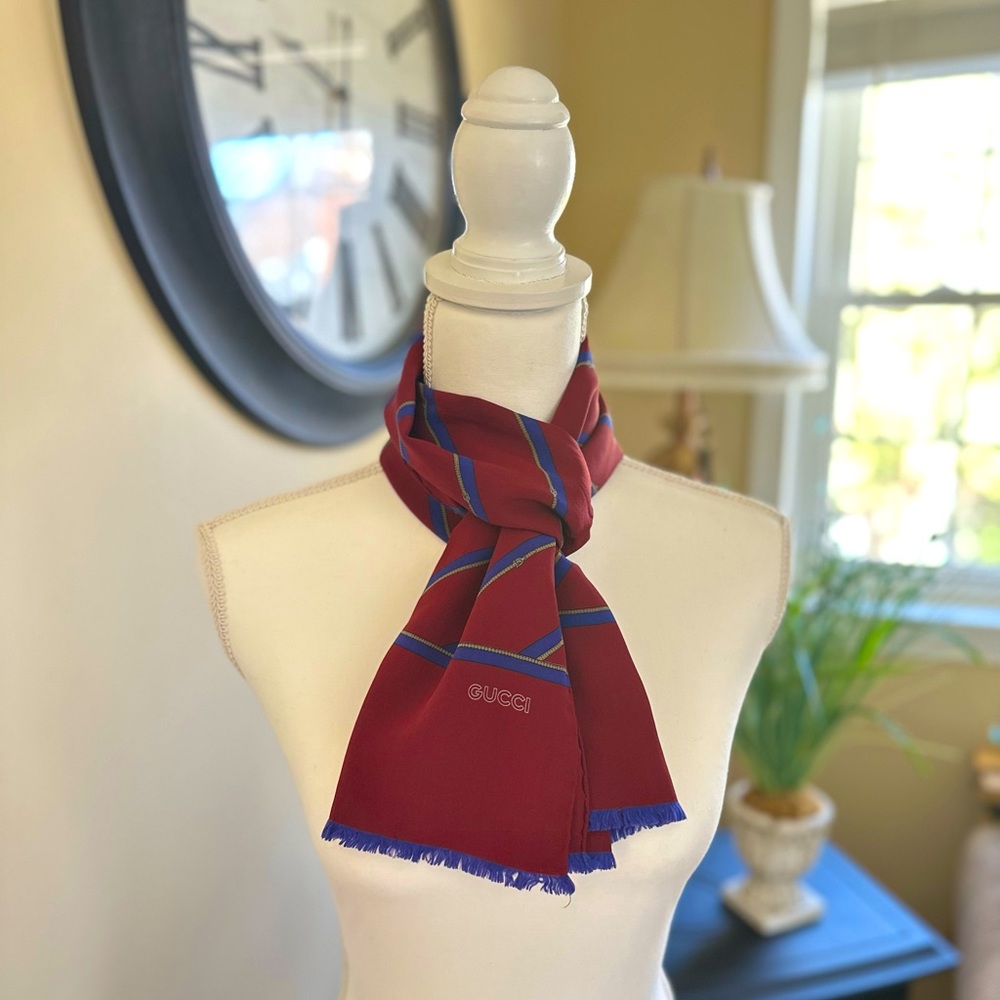 Silk Red and Blue Gucci Scarf with Gold Chain Detailing
